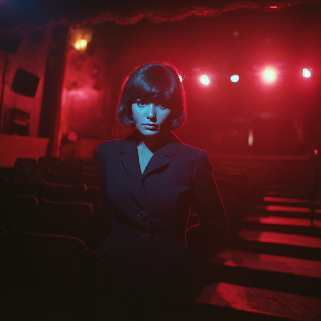 Woman in red-lit theater