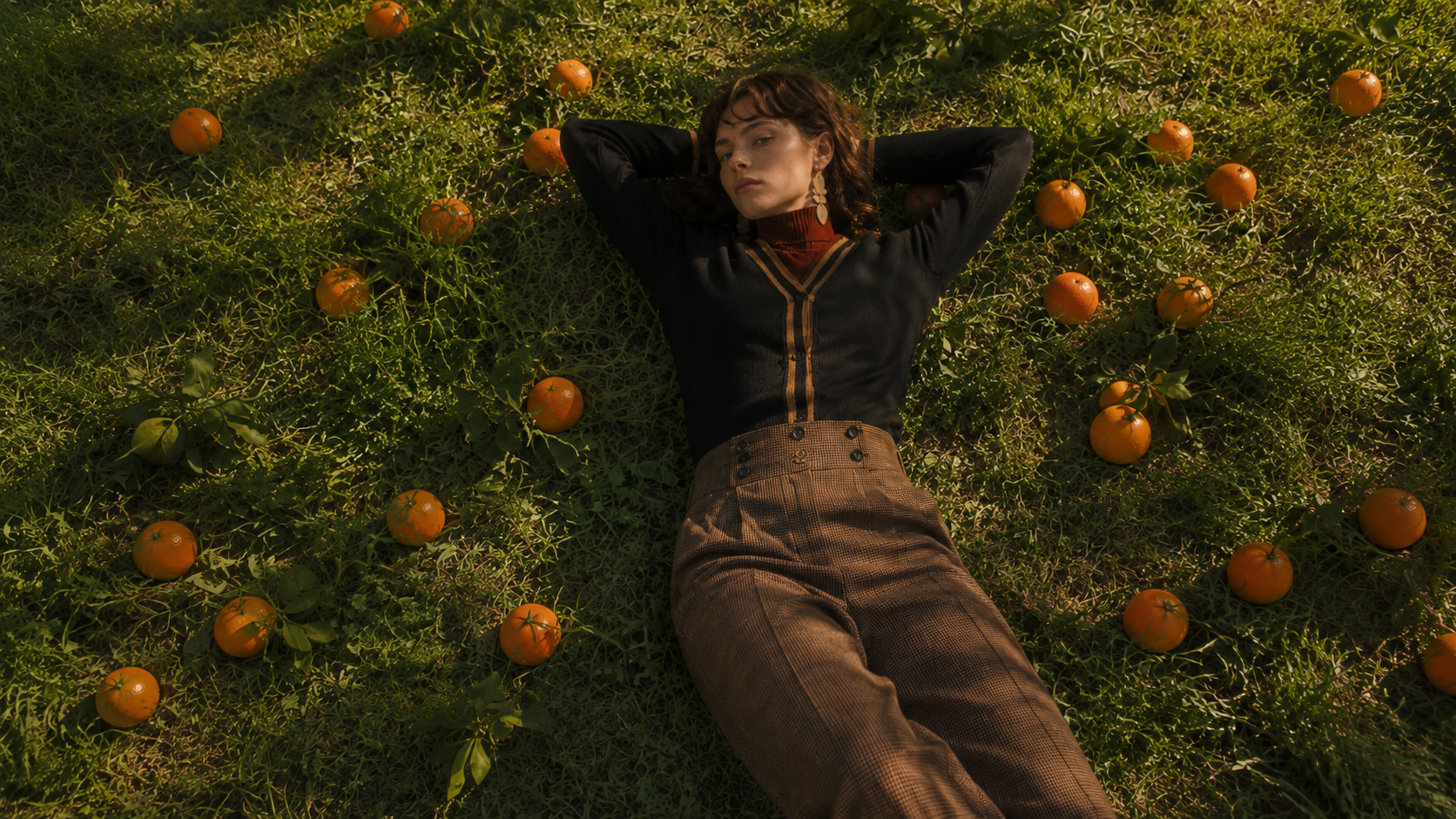 Woman lying in grass among oranges