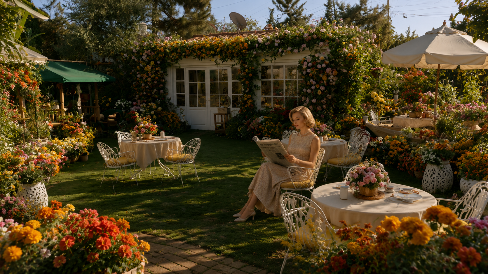 Woman reading in flower garden