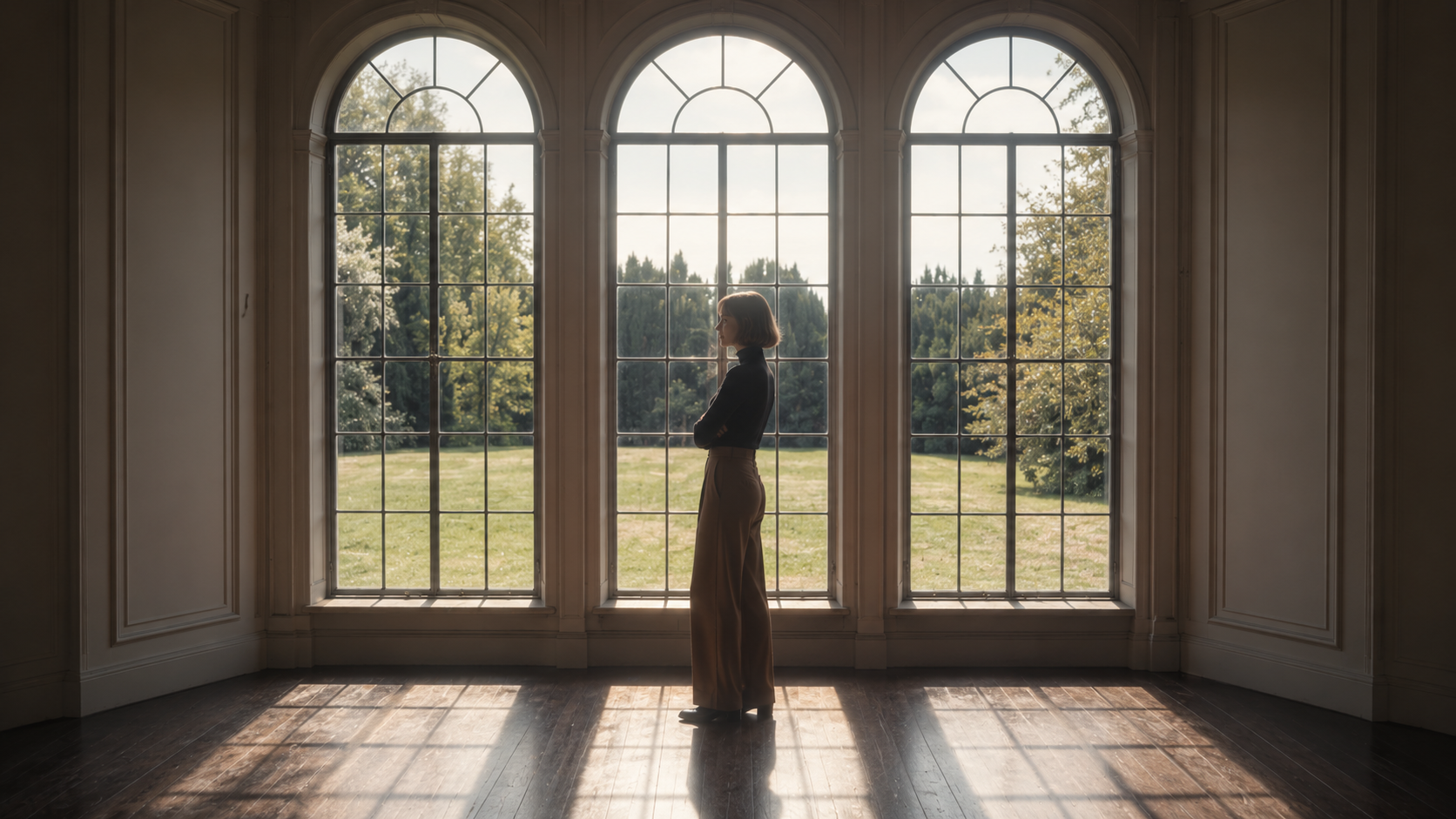 Silhouette before arched windows