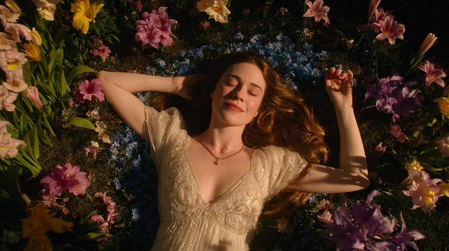 Woman resting in bed of flowers