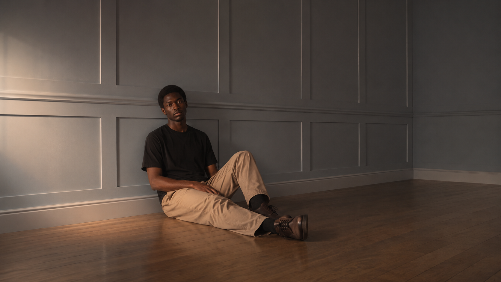 Man seated against gray paneling