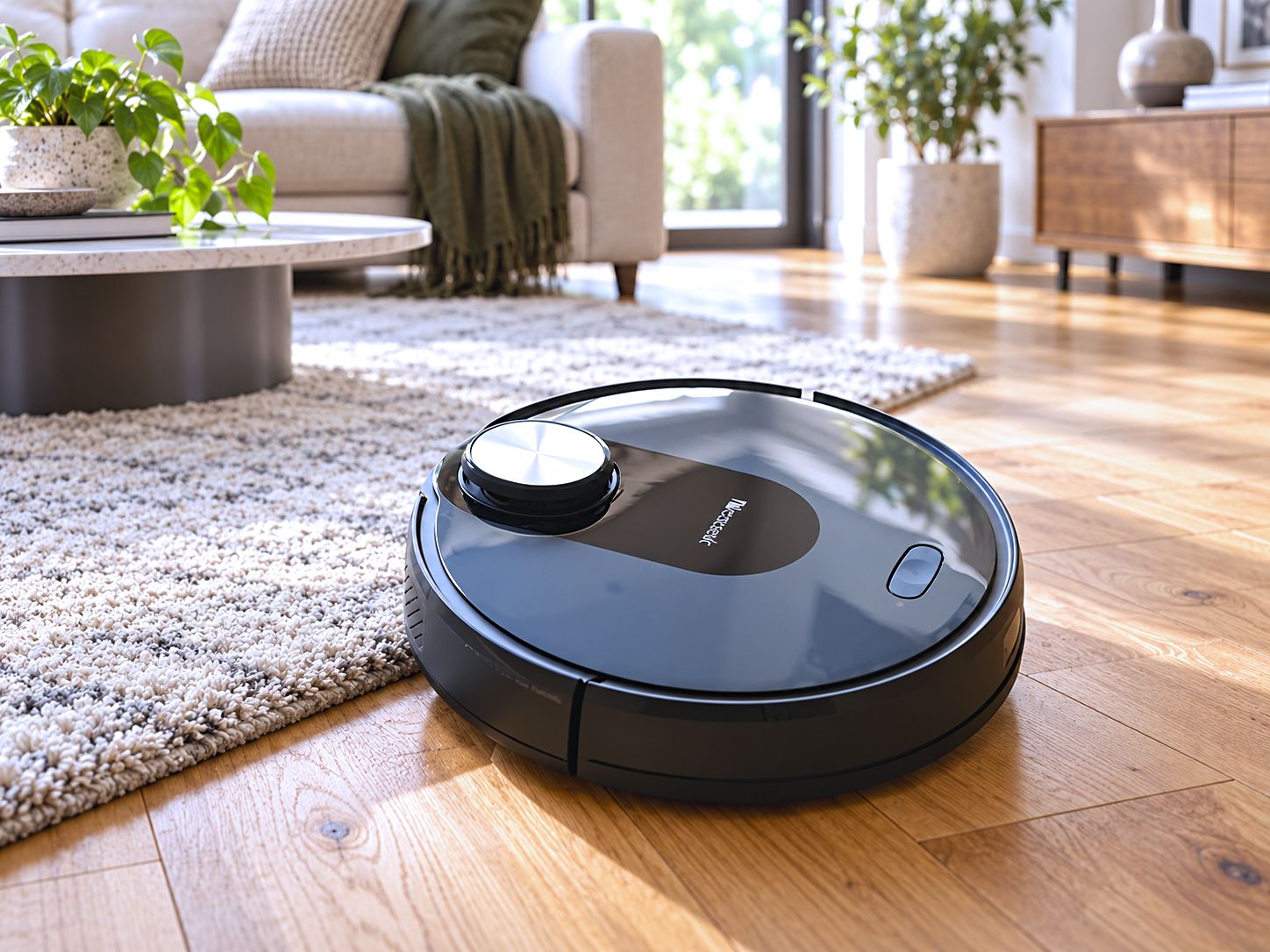 Robot vacuum in a bright living room