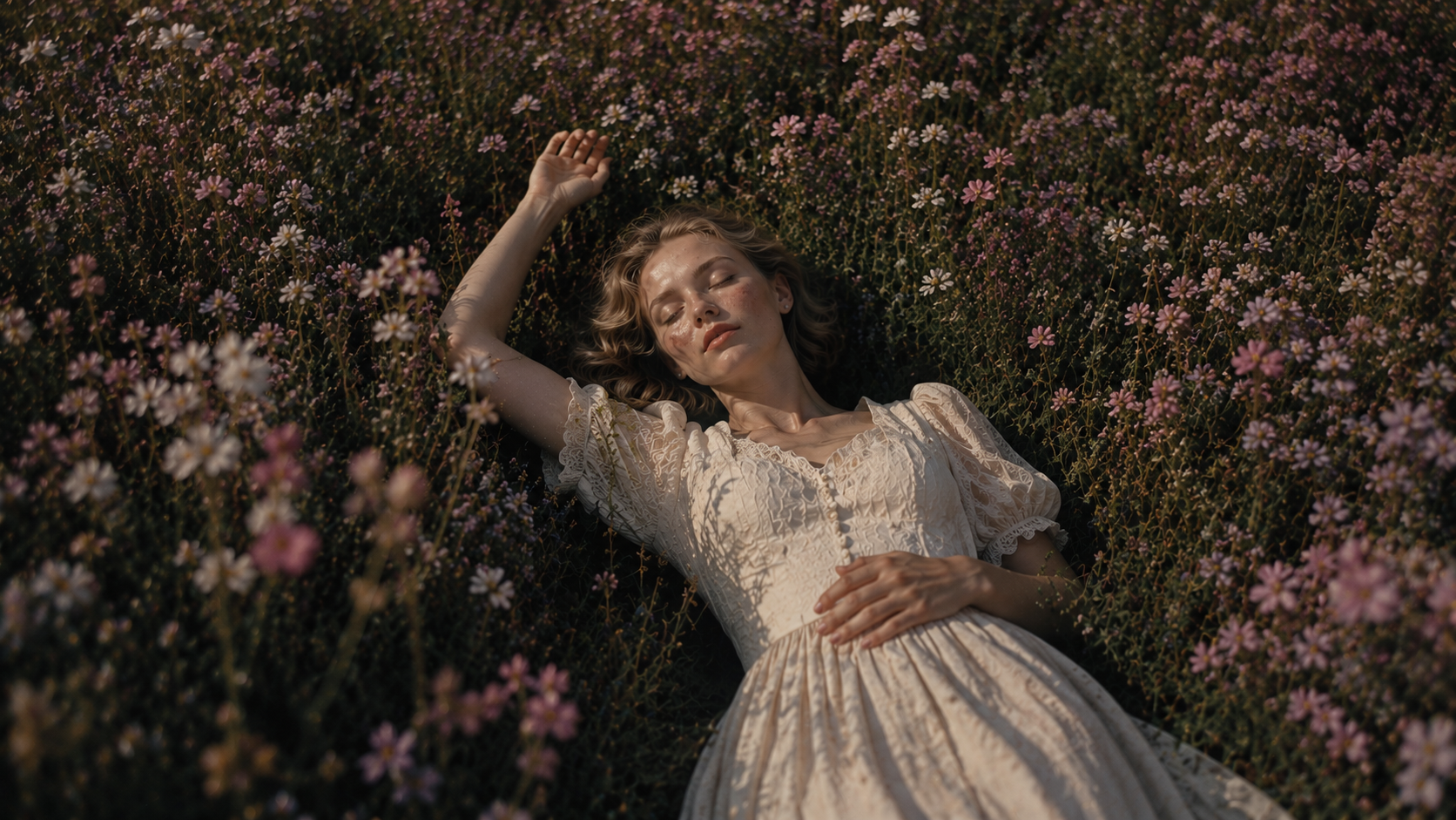 Woman in lace lying in flowers