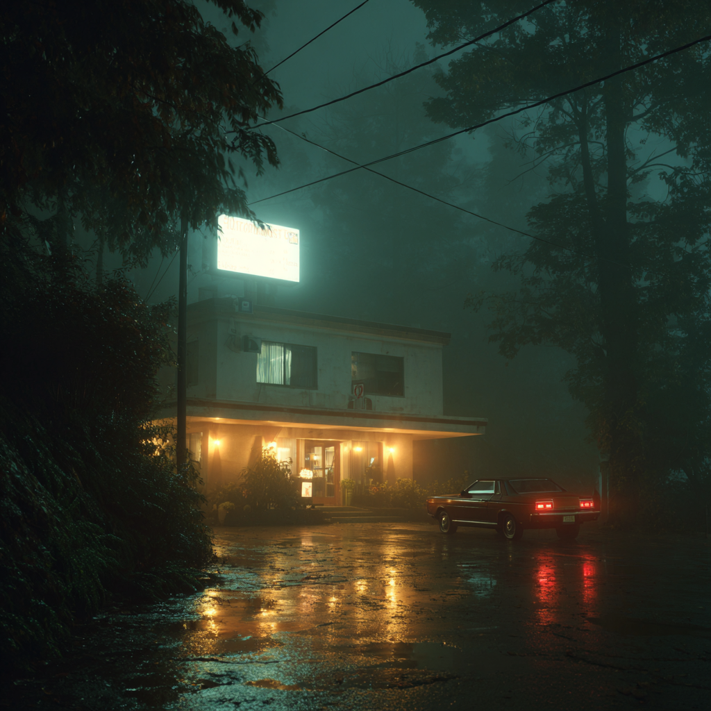 Foggy motel at night
