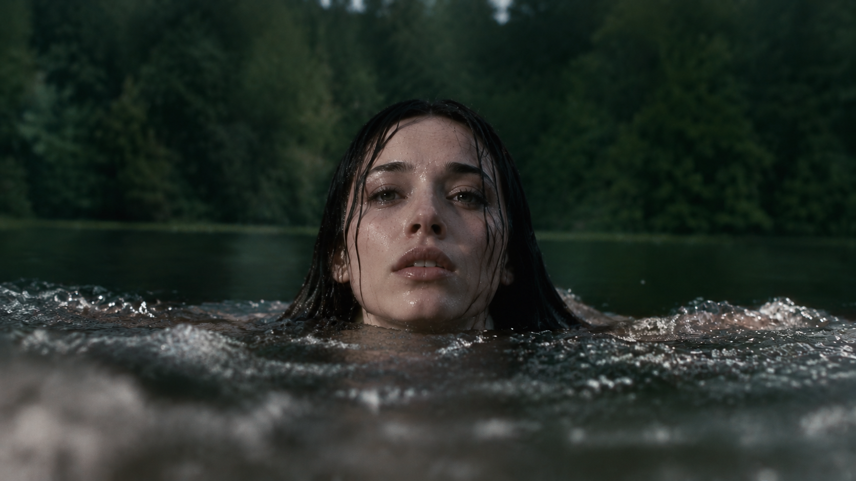 Woman surfacing in a forest lake