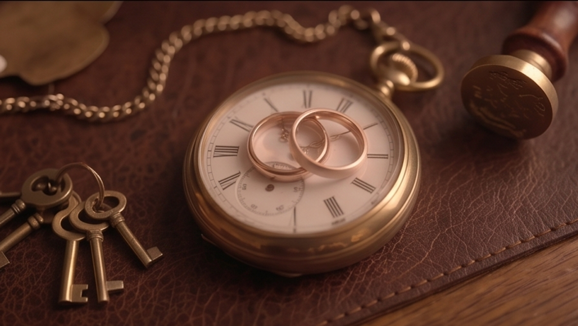 Gold wedding bands on an antique pocket watch with brass keys