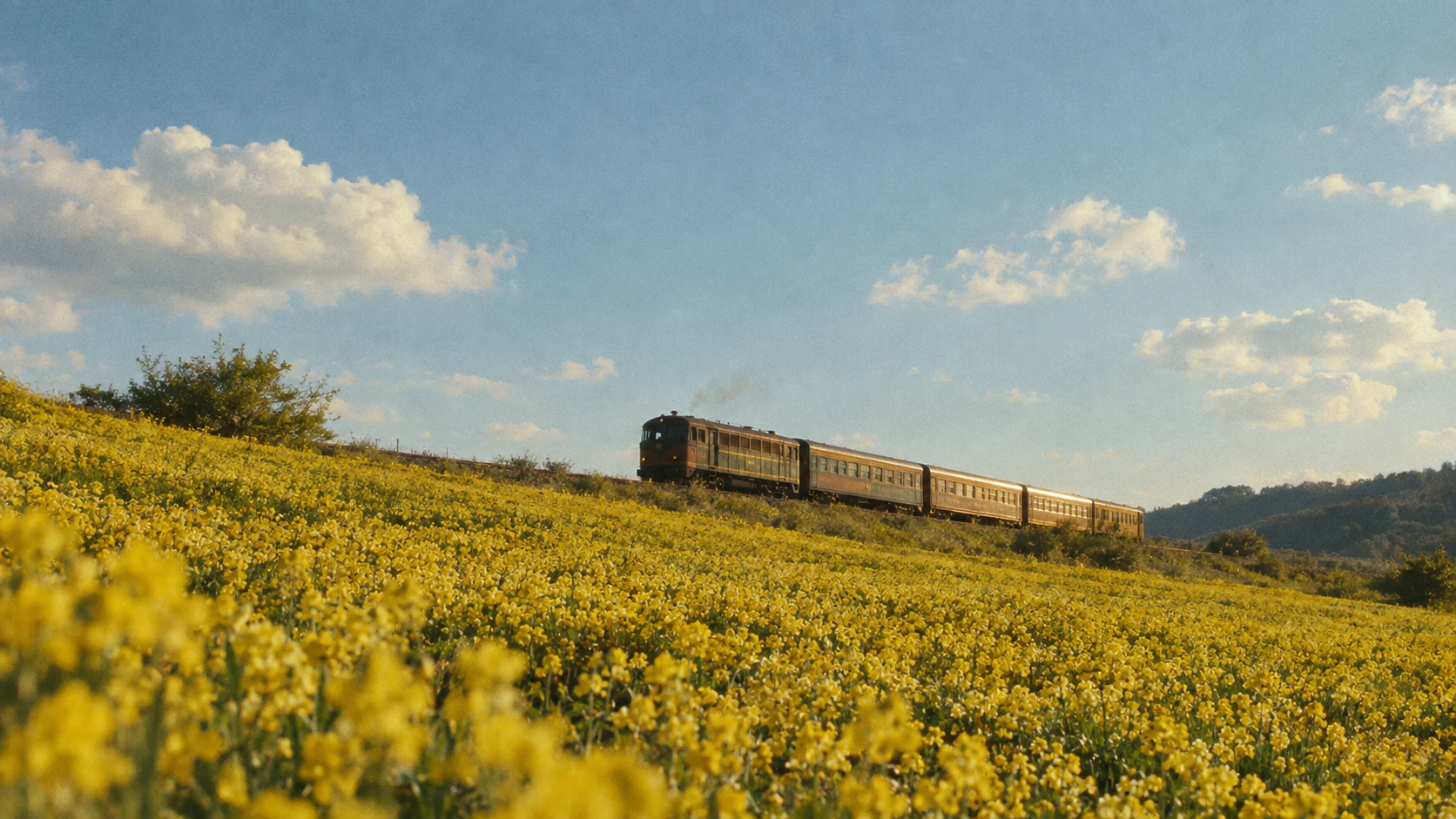 Train crossing yellow flower field