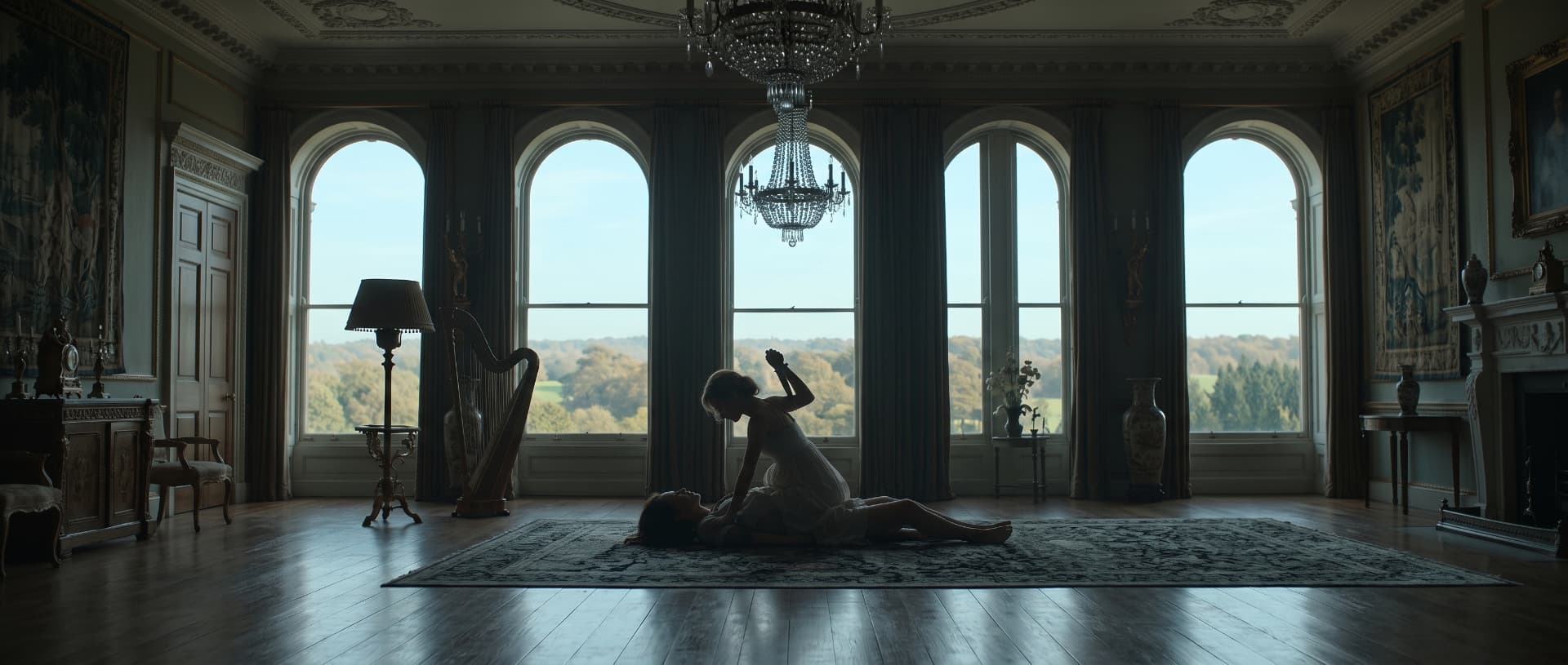 Figures in a grand ballroom