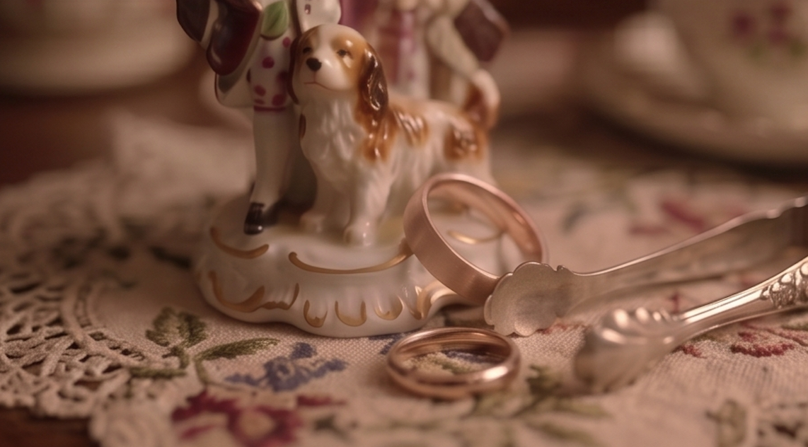 Wedding rings beside a porcelain dog figurine and silver tongs