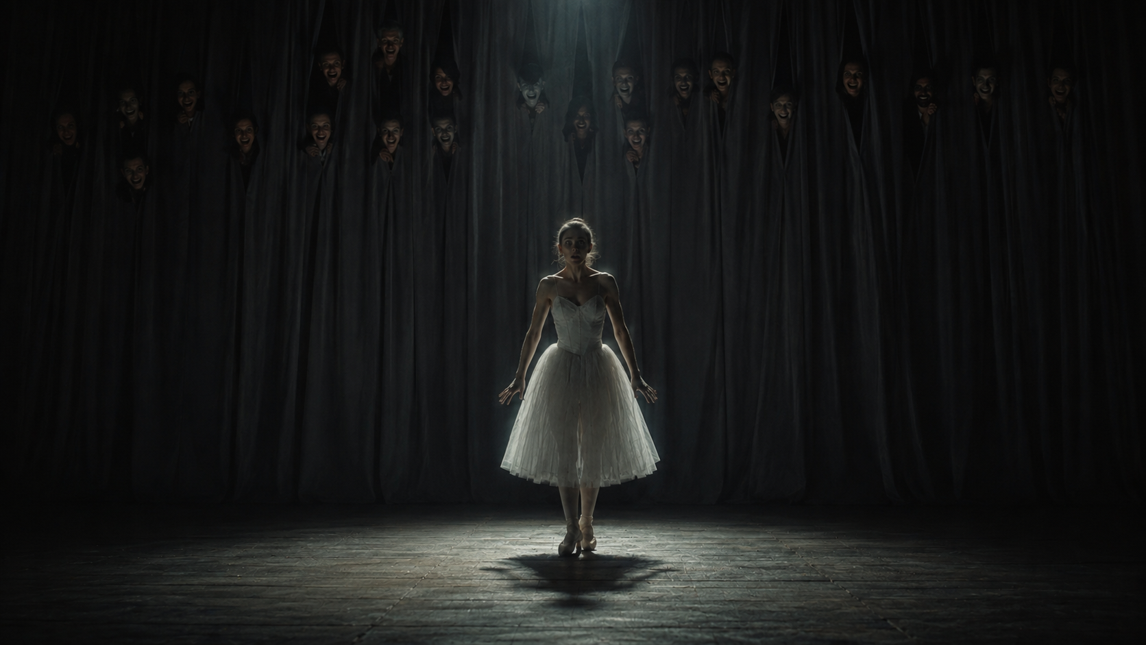Ballerina before curtain of faces