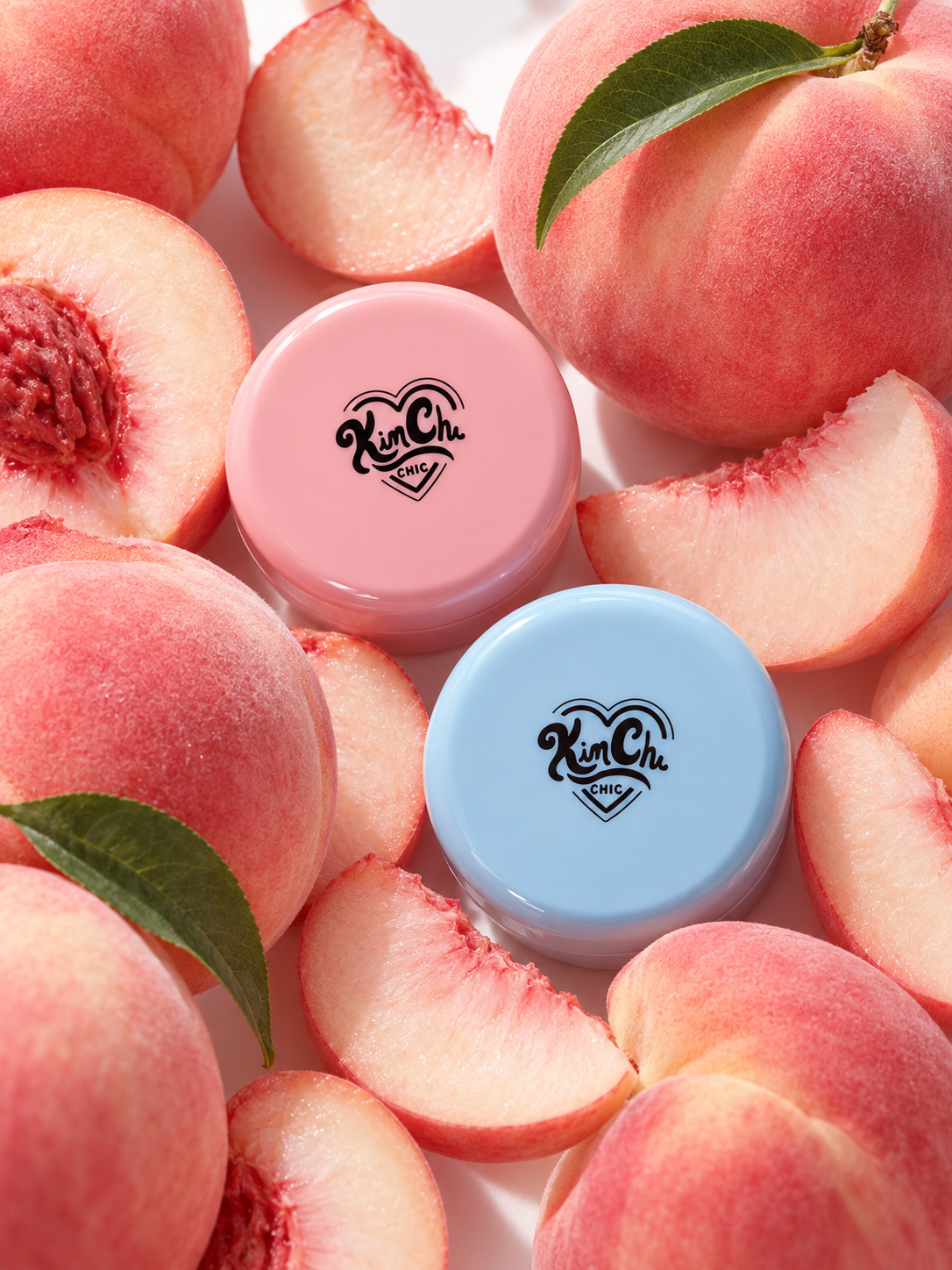 Flat lay of lip balm tins with peach slices
